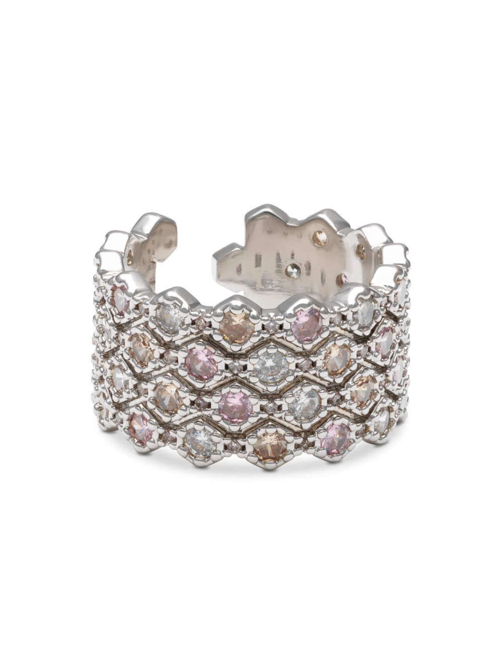 Overskrid tid med denne art-deco-inspirerte åpne ringen med sine sølvbelagte geometriske elementer og glansen fra rosa, champagne og klare steiner.