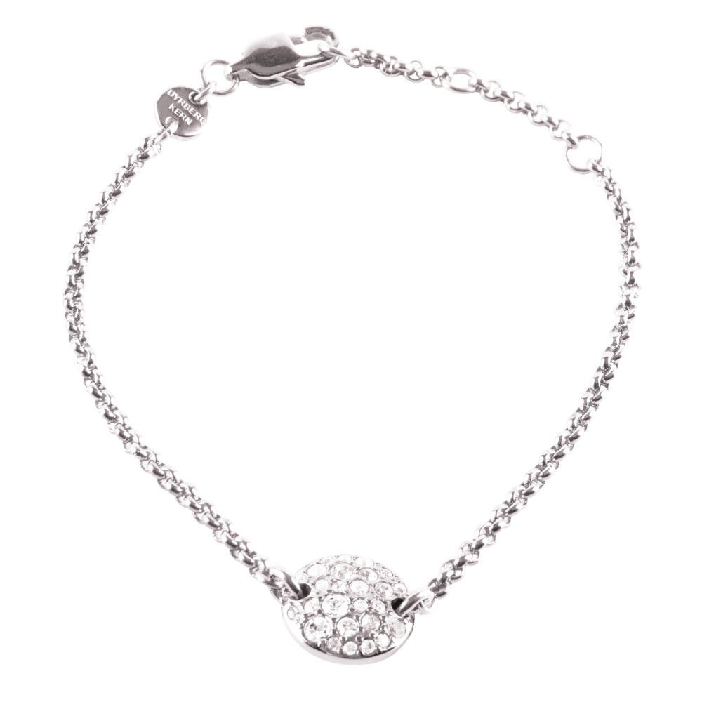 Chain bracelet in stainless steel with a round coin, richly decorated with crystals. Nickel free.