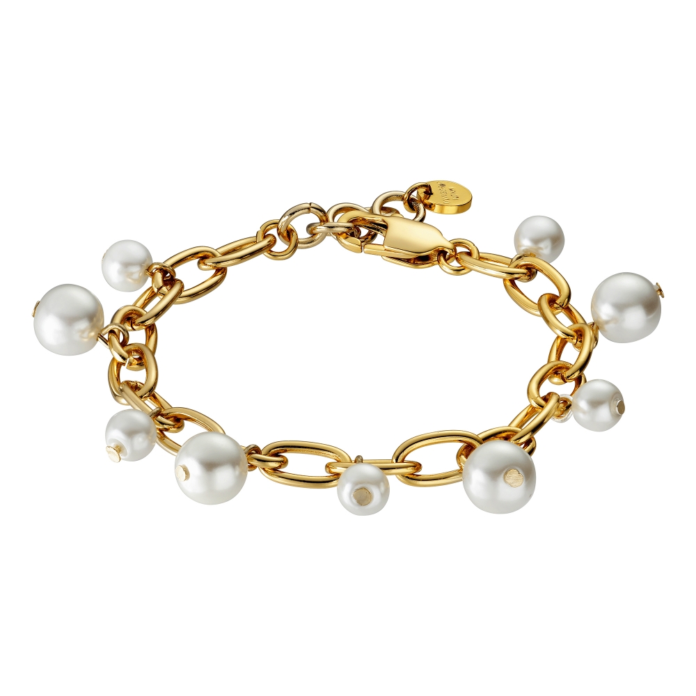 ELENA er et sjarmkjedearmbånd, overdådig dekorert med mange imiterte perler i forskjellige størrelser - laget i glass. Lengde er 17,5 cm + forlengelse. Her vist i gull og hvite perler.