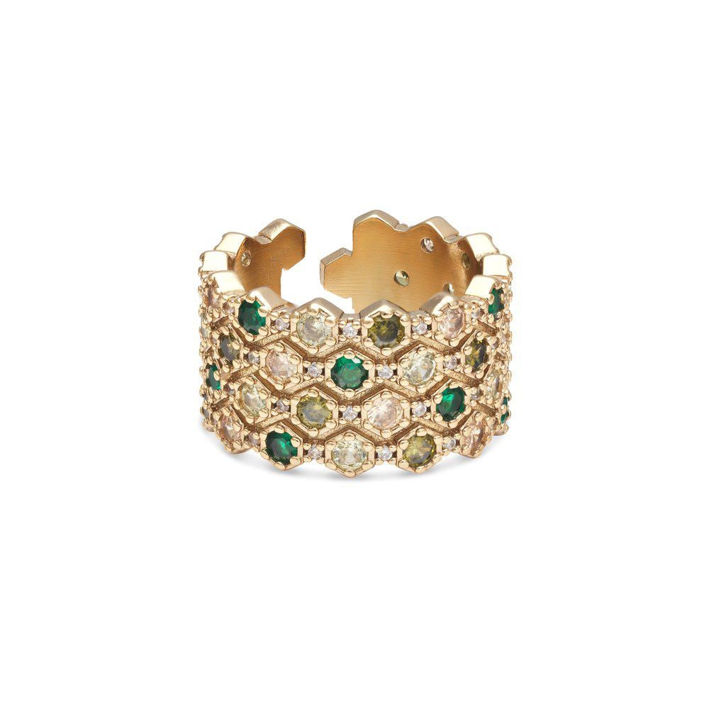 Overskrid tid med denne art-deco-inspirerte åpne ringen med sine gullbelagte geometriske elementer og glansen fra smaragder, peridot- og champagnefargede steiner. 
