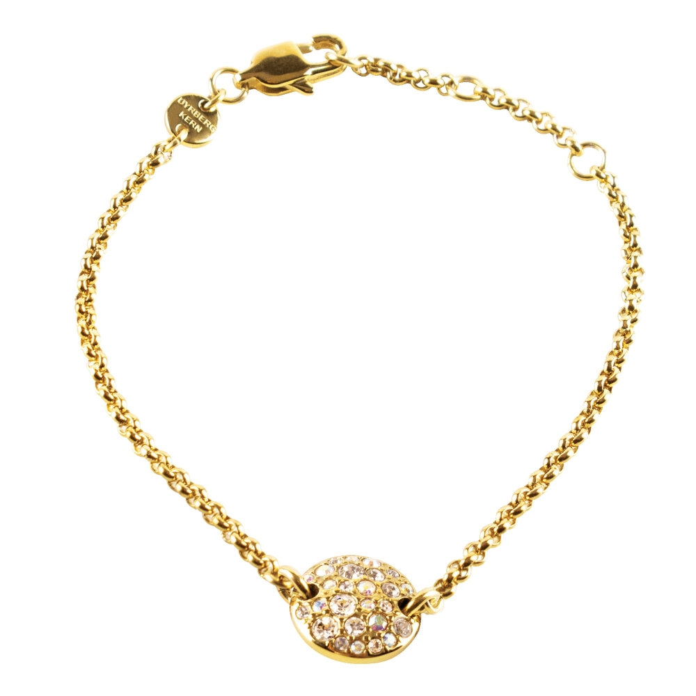 Chain bracelet in gold toned stainless steel with a round coin, richly decorated with crystals. Nickel free.