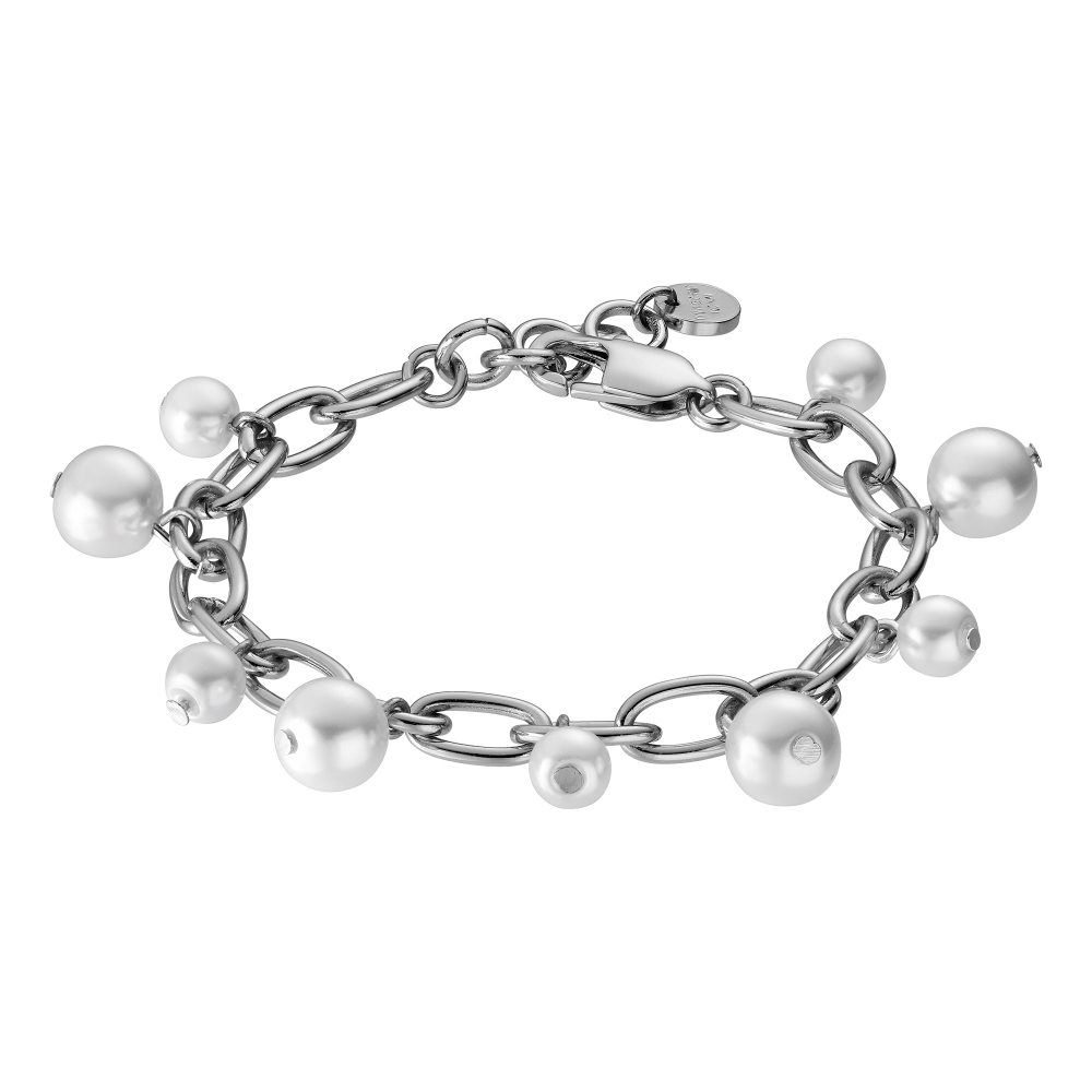 ELENA er et sjarmkjedearmbånd, overdådig dekorert med mange imiterte perler i forskjellige størrelser - laget i glass. Lengde er 17,5 cm + forlengelse. Her vist i sølvtone, hvite og lysegrå nyanser.