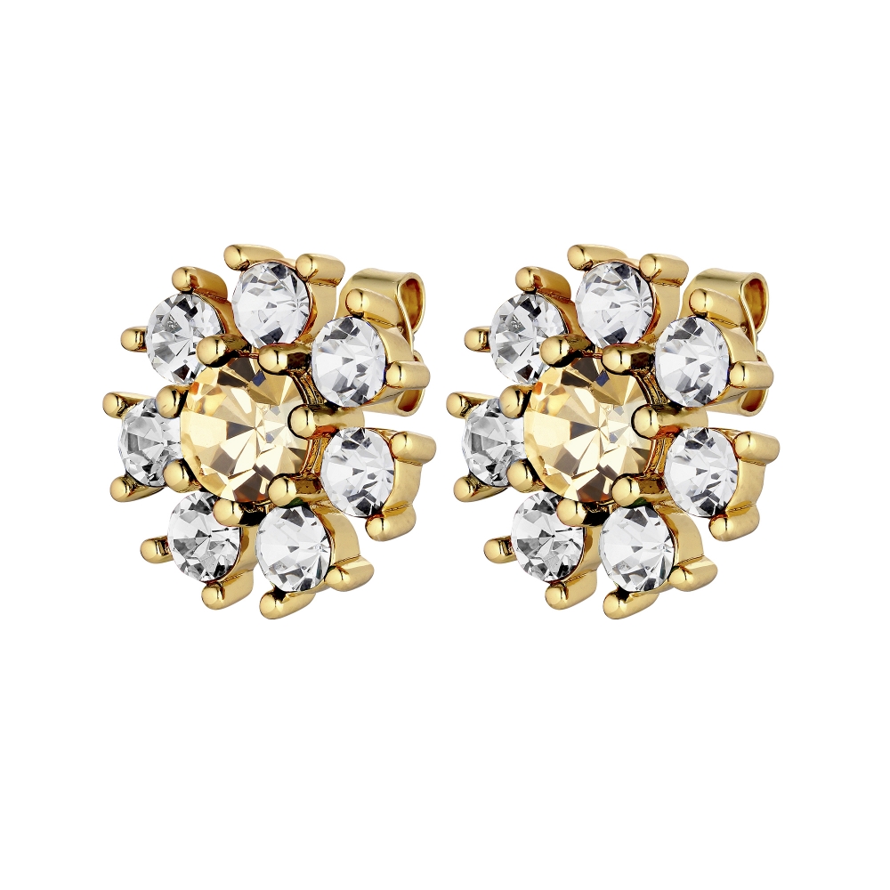 AUDE - A stud earpost created with a center of a large solitaire crystal flanked by seven smaller prongset crystal - all set by hand. Diameter appr. 16 mm. Stud made in surgical steel - body made in polished brass.
