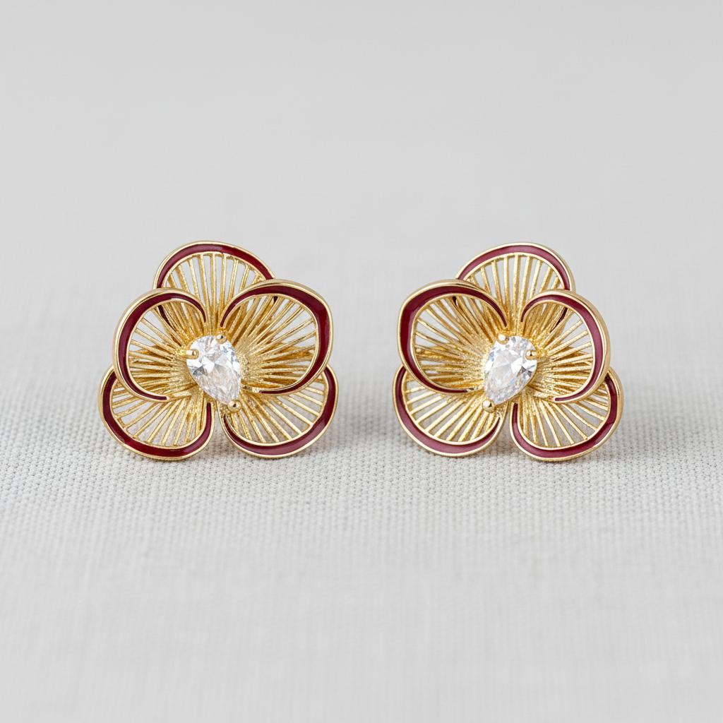 AVI Jewels Sculptural Burgundy Floral Stud Earrings